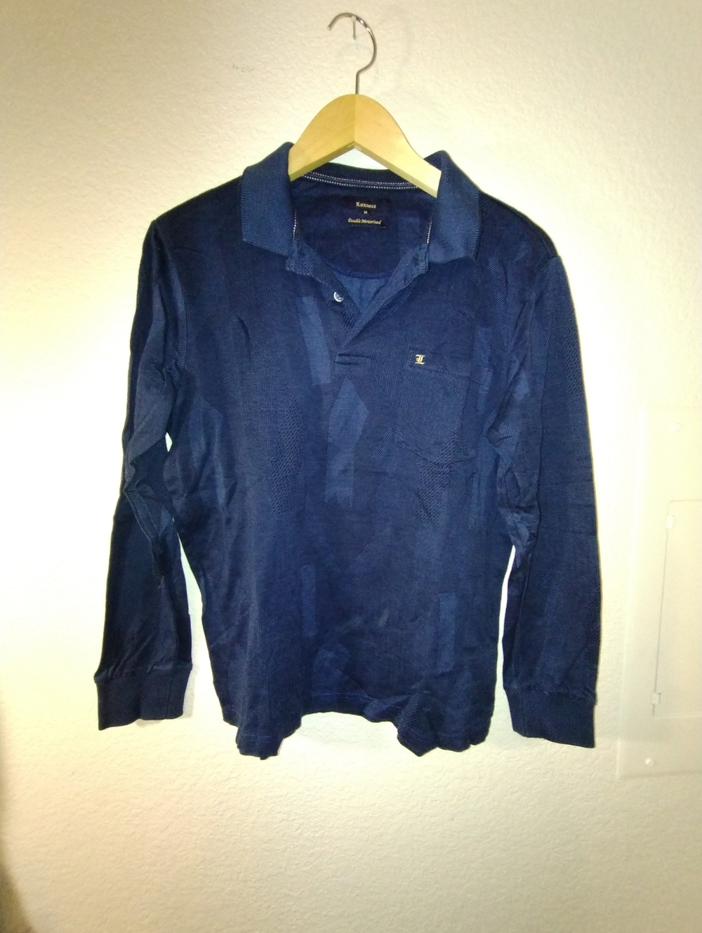Luxuria Long Sleeve Polo Shirt Subtle Texture Design Navy Size Small
